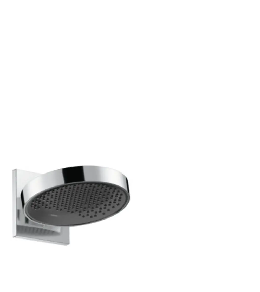 Kopfbadewanne von Hansgrohe, runde Form mit Wandanschluss, verchromte Oberfläche und perforierte Düse für Wasserstrahlverteilung.